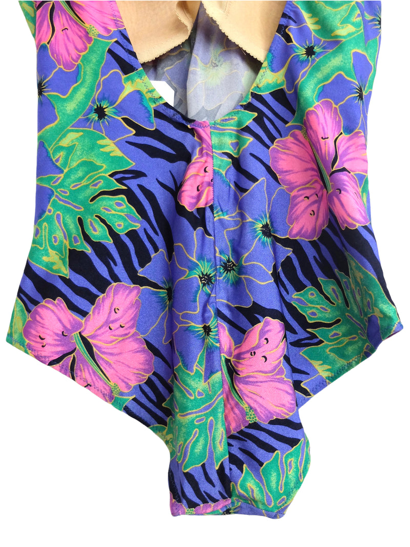 Vintage 80s Bohemian Tropical Funky Festival Style Bright Hawaiian Floral One Piece Bathing Swim Suit | Size M