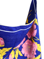 Vintage 70s Mod Romantic Chic Bright Royal Blue & Pink Floral Patterned Large Square Bandana Neck Tie Scarf