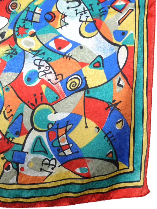 Vintage 80s Psychedelic Abstract Art Picasso Style Bright Multicolored Large Square Bandana Neck Tie Scarf