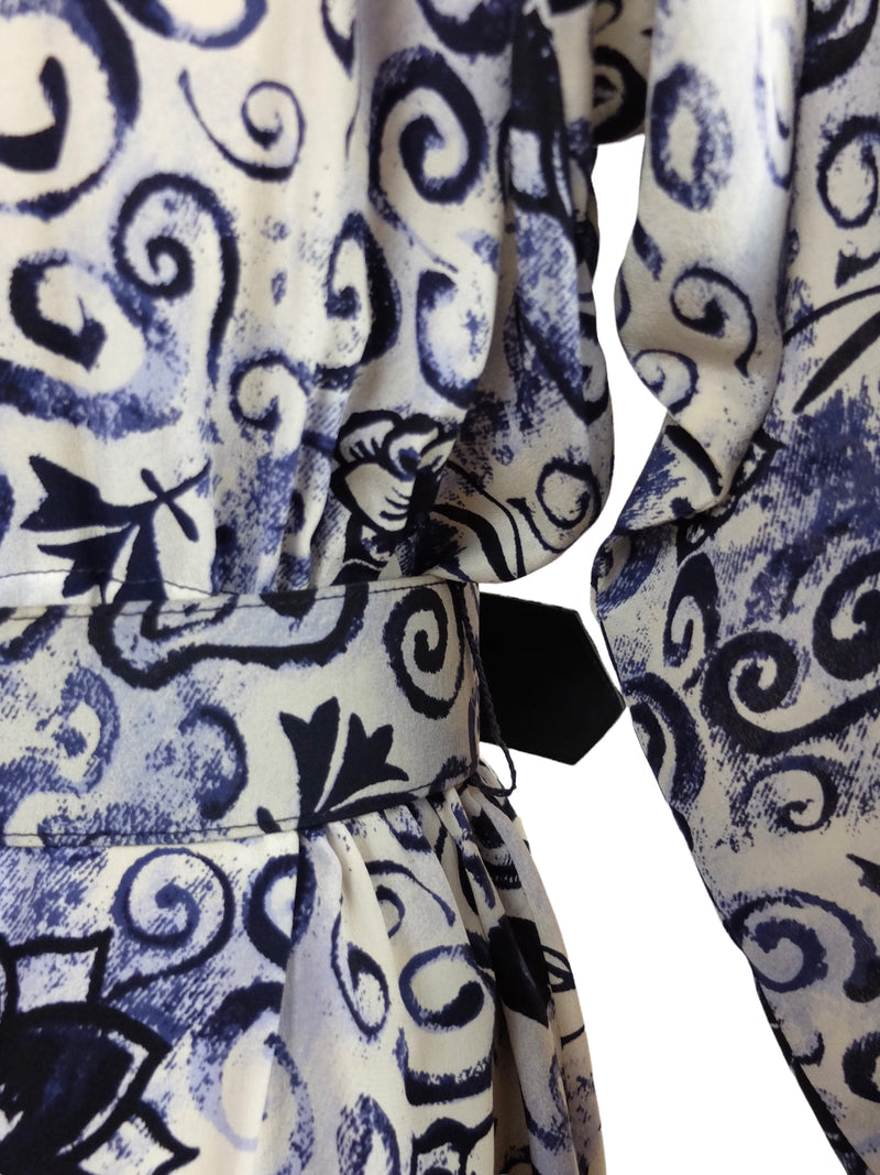 Vintage 80s Bohemian Avant-Garde Abstract Patterned Silk Blend Belted Button Down Blue & White Long Sleeve V-Neck Pantsuit Jumpsuit | Size M