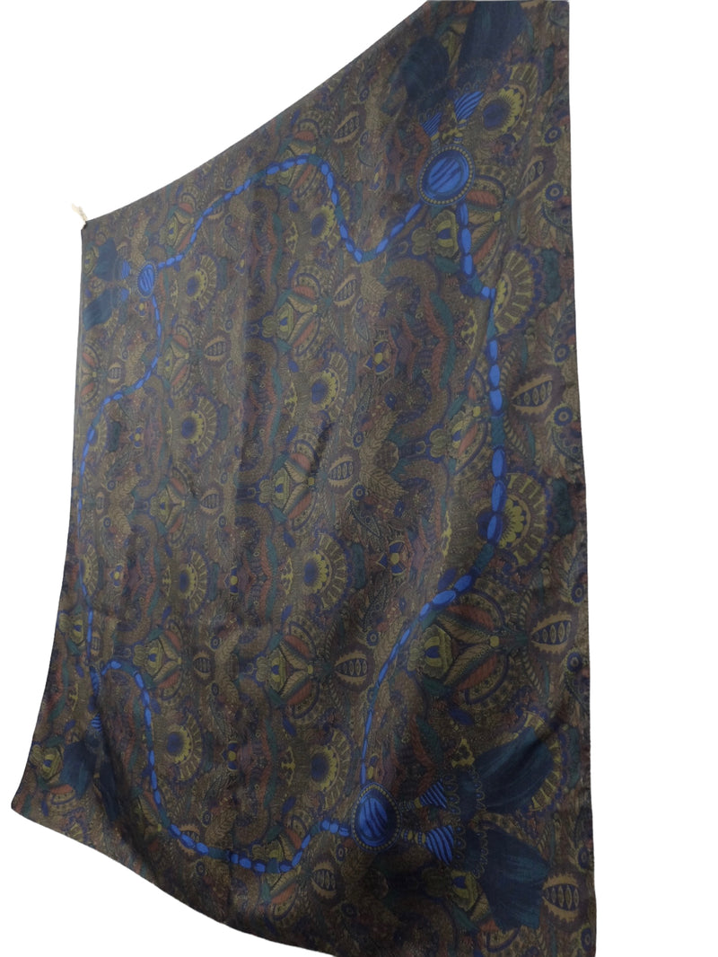 Vintage 90s Bohemian Psychedelic Patterned Brown & Blue Large Polyester Square Bandana Neck Tie Scarf