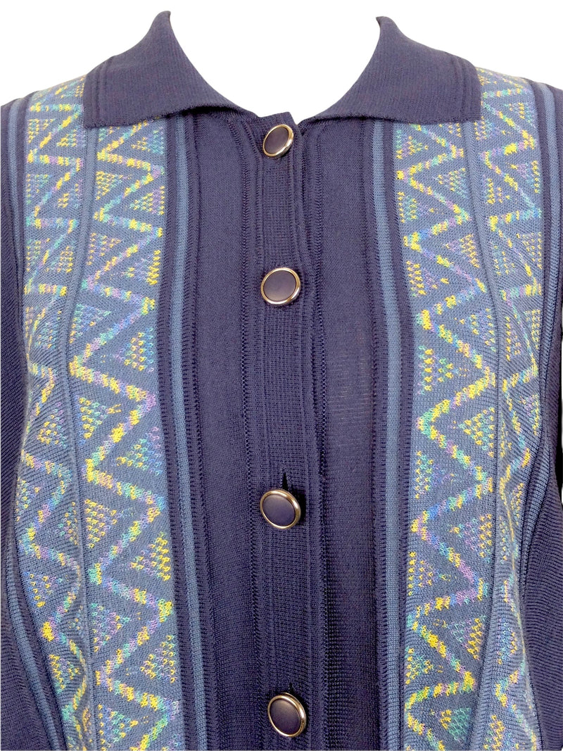 Vintage 90s does 60s Blue Abstract Psychedelic Geometric Patterned Collared Long Sleeve Knit Button Up Blouse | Size M