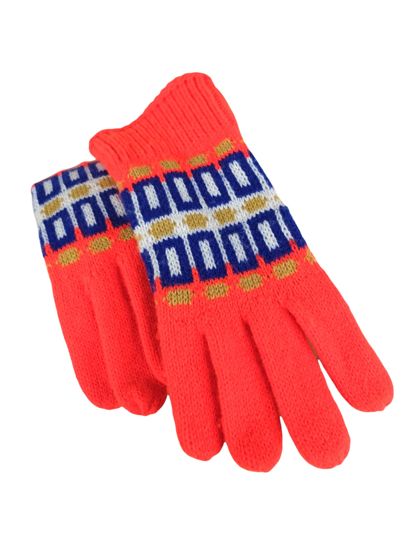 Vintage 60s Mod Psychedelic Rustic Hippie Cottagecore Chic Bright Coral Orange Knit Geometric Patterned Mittens