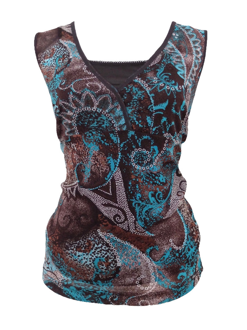 Vintage 2000s Y2K Bohemian Layered Brown & Turquoise Psychedelic Paisley Patterned Lightweight Sleeveless Mesh Tank Top Blouse