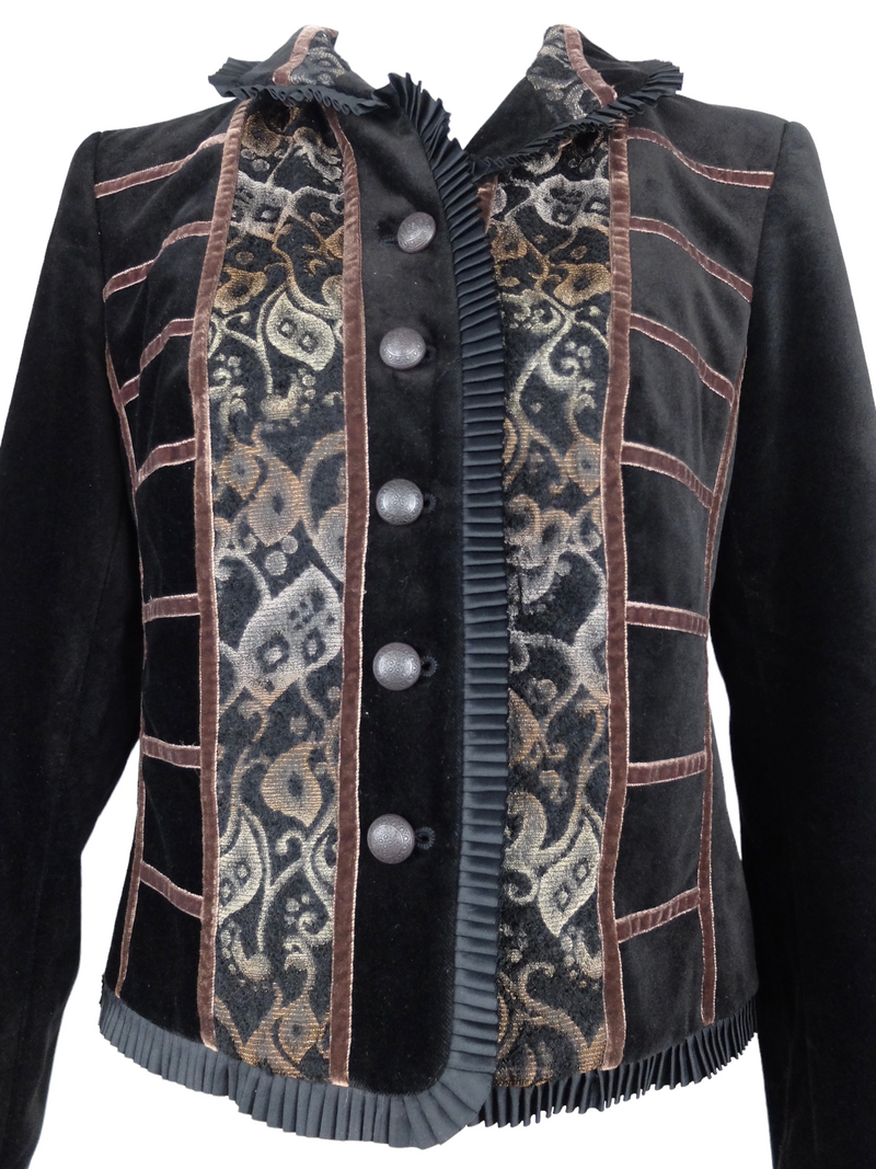 Vintage 2000s Y2K Gothic Victorian Steampunk Style Tapestry Button Down Collared Blazer Jacket with Ruffled Trim | Size M