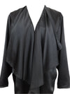 Vintage 80s Party Formal Silky Satin Black Solid Basic Flowy Ruffled Long Sleeve V-Neck Blouse | Size XL