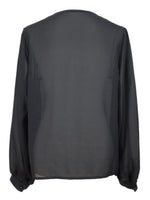 Vintage 80s Chic Formal Party Black Rhinestone Embellished Cowl Scoop Neck Long Sleeve Sheer Blouse | Size M-L