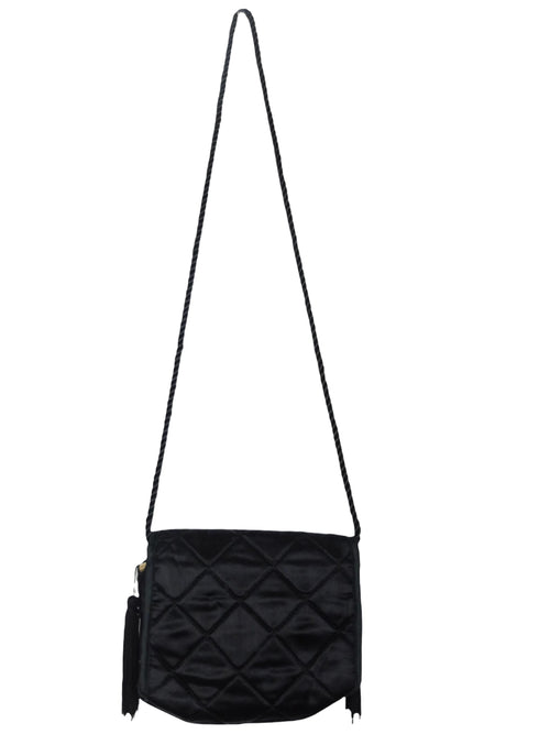Vintage 00s Y2K Black Silky Quilted Small Mini Crossbody Bag with Tassels & Snap Closure