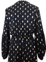 Vintage 2000s Y2K Black & Gold Polka Dot 1/2 Button Down High Neck Cinched Long Sleeve Fit & Flare Skater Above-the-Knee Circle Mini Dress | Size M