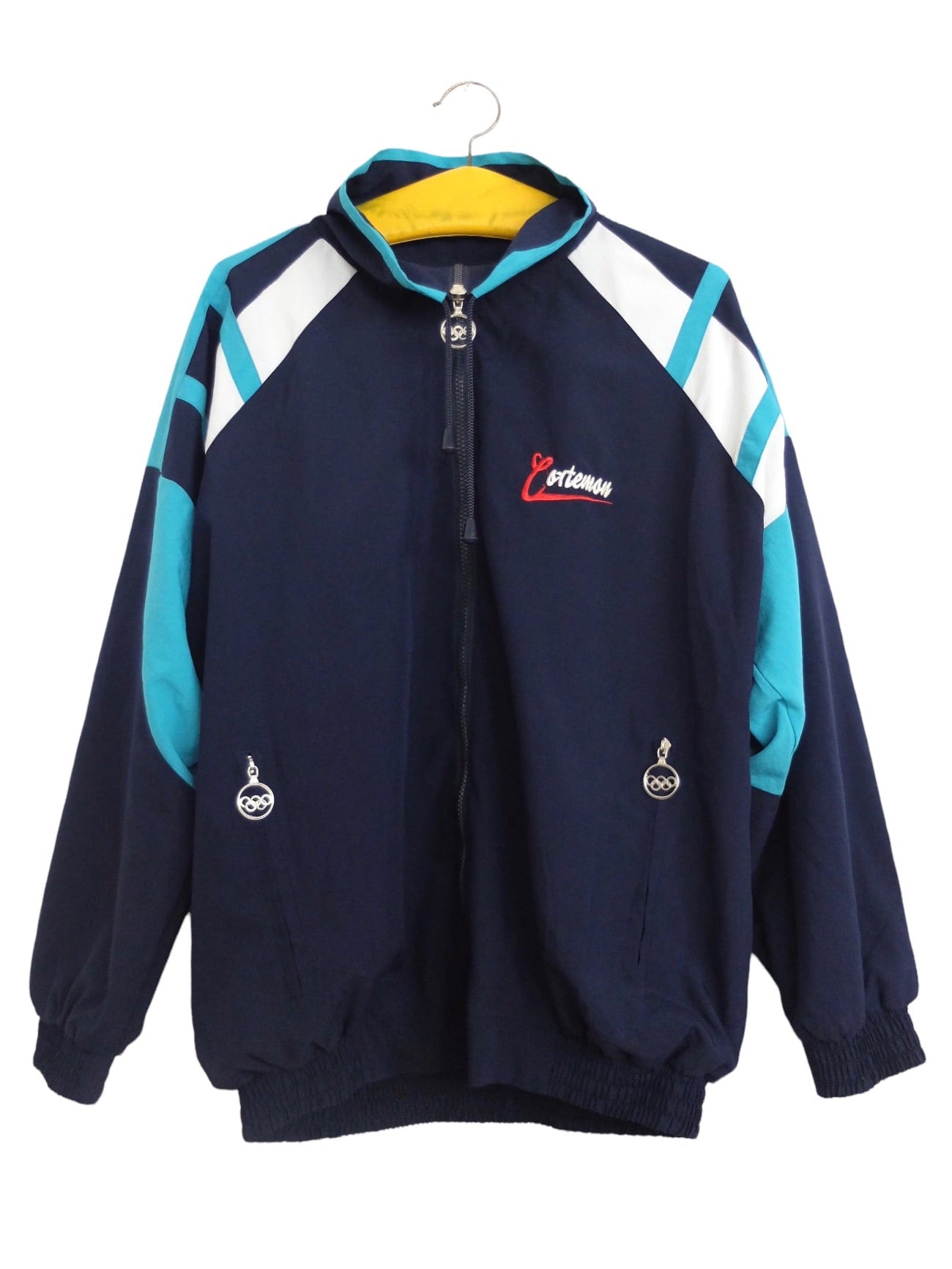 Vintage 80s Athletic Streetwear Olympics Sports Navy Blue High Neck Zip Up Windbreaker Jacket | Men’s Size S-M | Women’s Size M-L