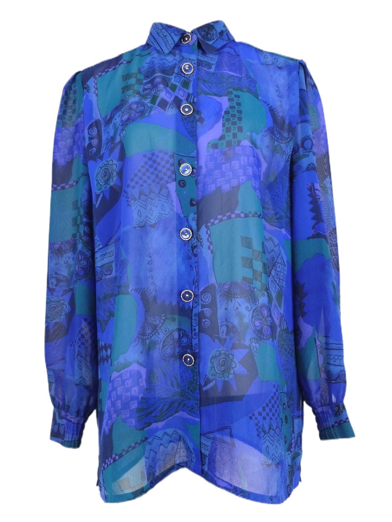 Vintage 80s Bohemian Avant-Garde Bright Blue & Green Funky Abstract Patterned Long Sleeve Collared Chiffon Button Up Blouse | Size M-L