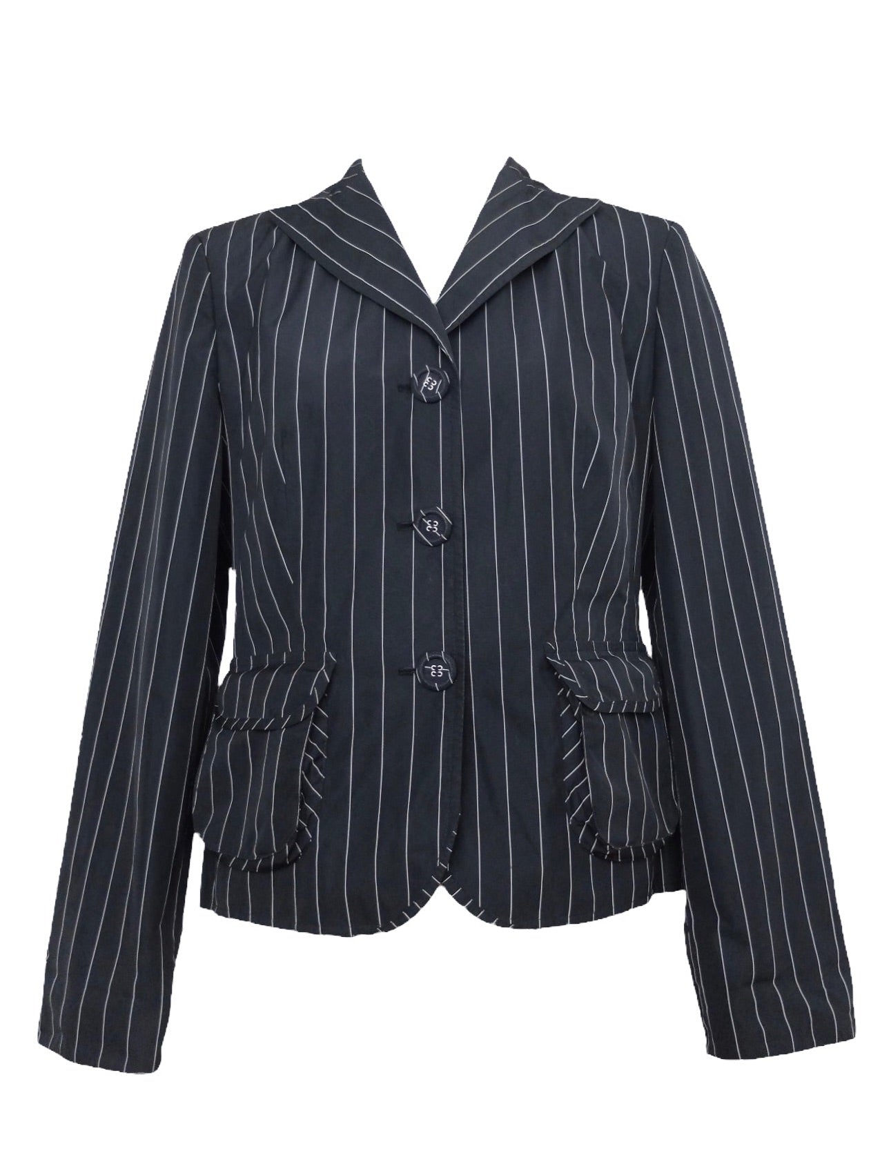 Vintage 90s Y2K Preppy Goth Grunge Black Pinstriped Collared Button Down Blazer Jacket | Size S