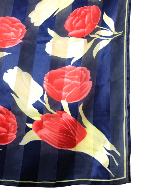 Vintage 80s Bohemian Avant-Garde Navy Blue & Red Roses Semi-Sheer Large Square Bandana Neck Tie Scarf