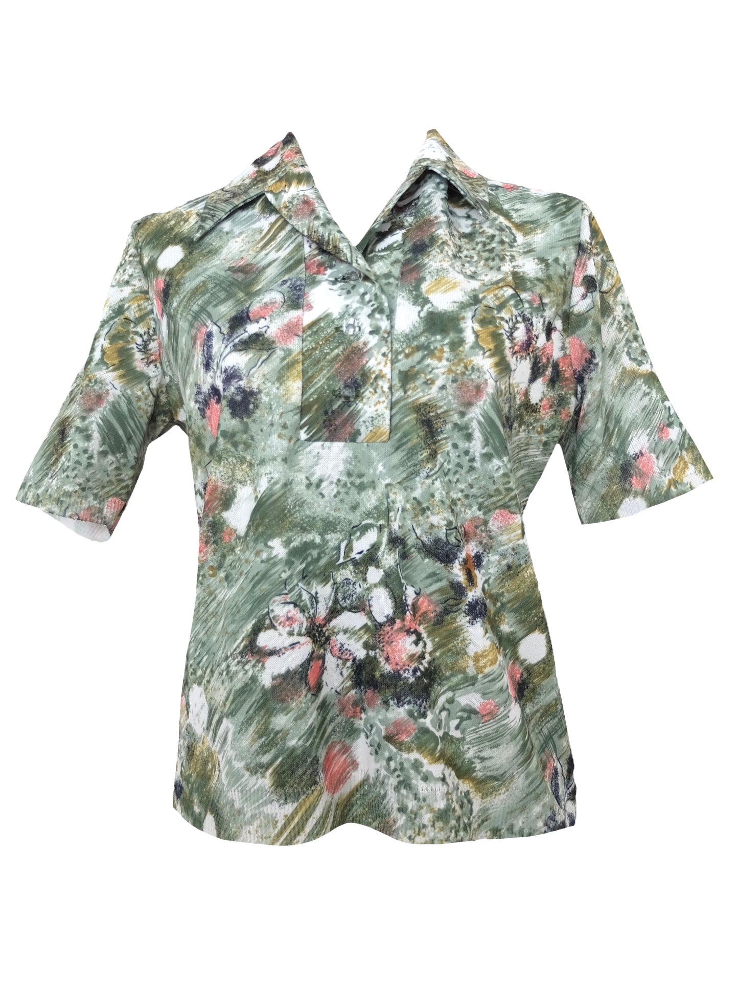 Vintage 60s Mod Psychedelic Hippie Abstract Patterned Green & Pink Dagger Collared Short Sleeve Fitted 1/4 Button Up Blouse | Size S