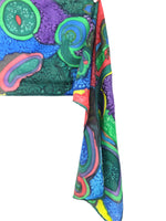 Vintage 80s Silk Rave Funky Psychedelic Hippie Tie Dye Acid Wash Bright Long Wide Shawl Neck Tie Thin Wrap Scarf with Hand-Rolled Hem