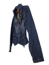 Vintage 00s Y2K Chic Avant-Garde Feminine Studded Dark Wash Denim Jean Jacket with Hook & Loop Closures | Women’s Size S