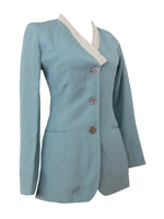 Vintage 80s Jean Paul Gaultier Femme Designer RARE Silk & Linen Turquoise Blue Asymmetrical Neckline V-Neck Fitted Button Down Lightweight Blazer Jacket | Size S-M