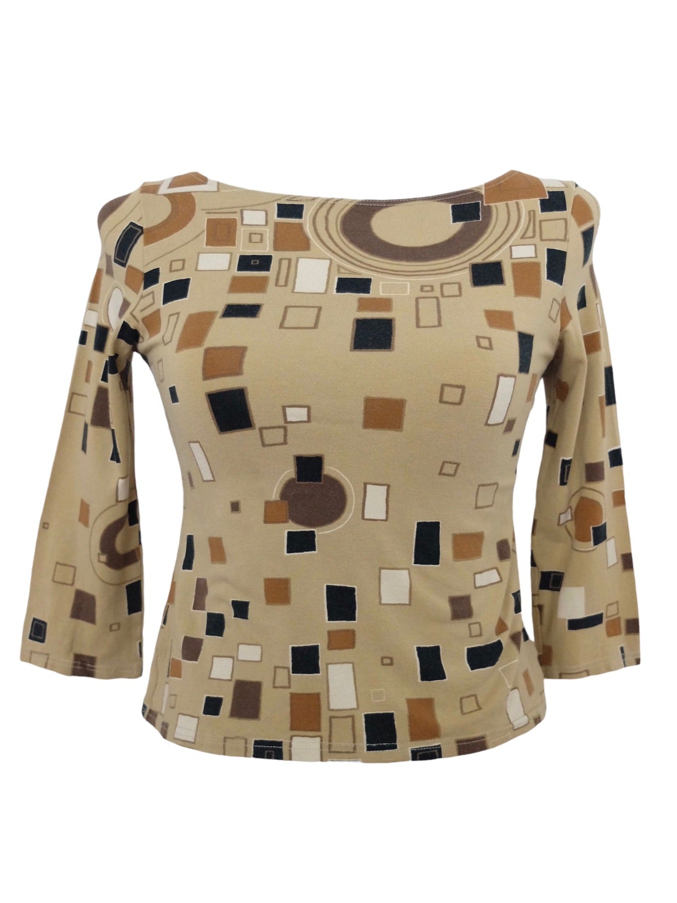 Vintage 90s Y2K Tan Brown & Black Minimalist Bauhaus Style Abstract Geometric Patterned Fitted Stretchy Scoop Neck 3/4 Sleeve Blouse | Women’s Size S