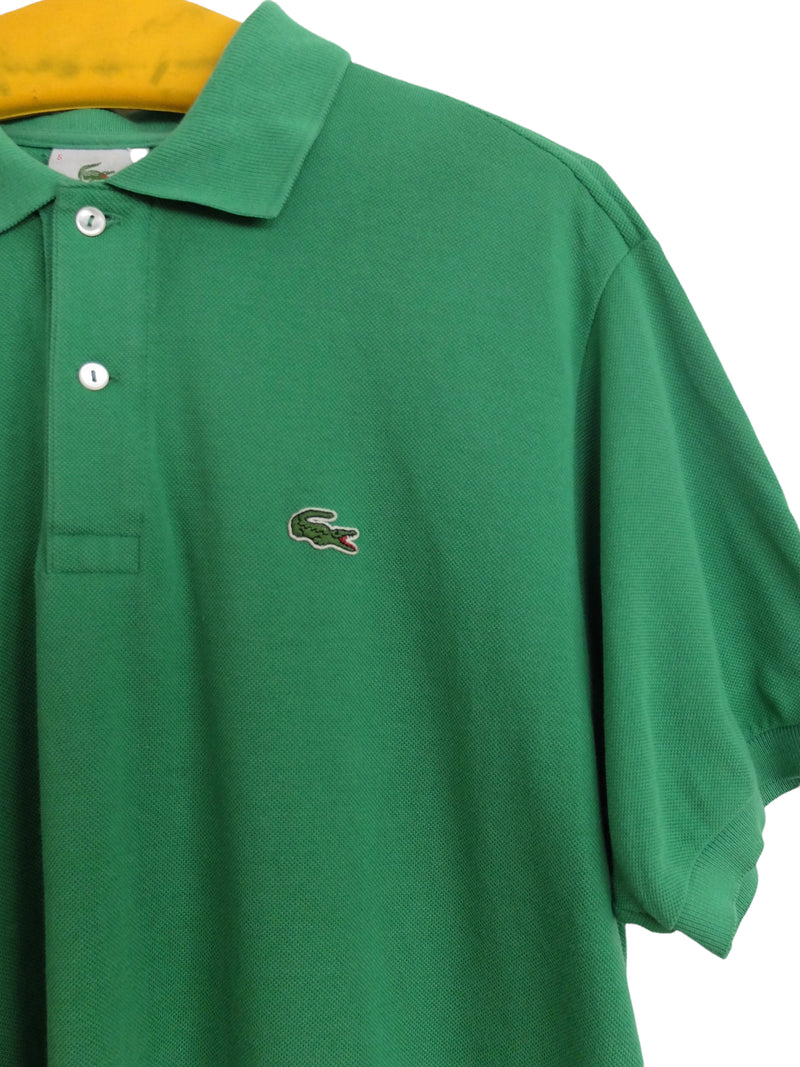 Vintage 80s Lacoste Branded Logo Streetwear Utility Preppy Academia Green Solid Basic Collared 1/4 Button Up Short Sleeve Cotton Polo Shirt | Men’s Size M-L | Men’s Size M-L | Women’s Size L-XL