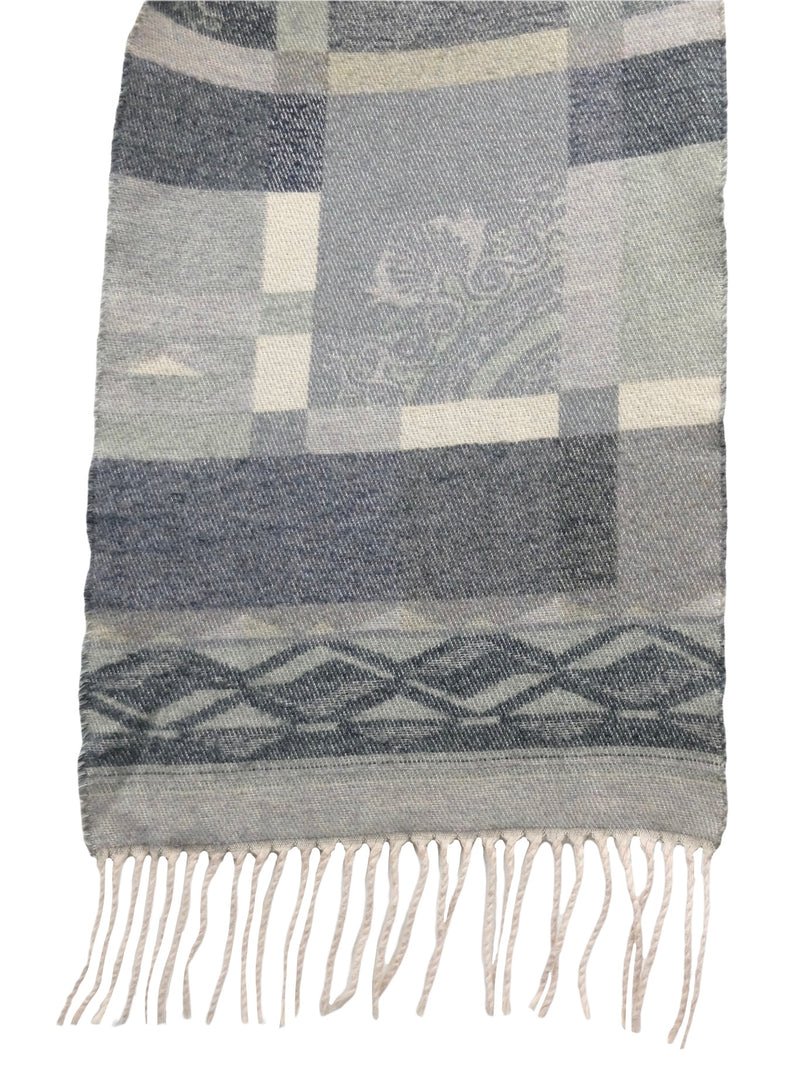 Vintage 80s Hippie Bohemian Festival Style Abstract Patterned Grey & Cream Fringed Long Wrap Winter Blanket Scarf