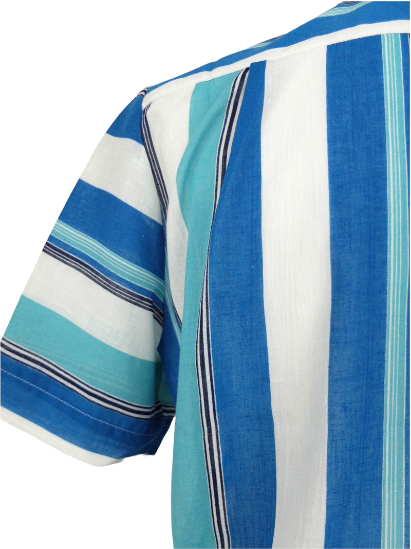 Vintage 70s Mod Pinup Style Abstract Striped Blue & White Collared Half Sleeve Asymmetrical Button Up Shirt | Size XS-S