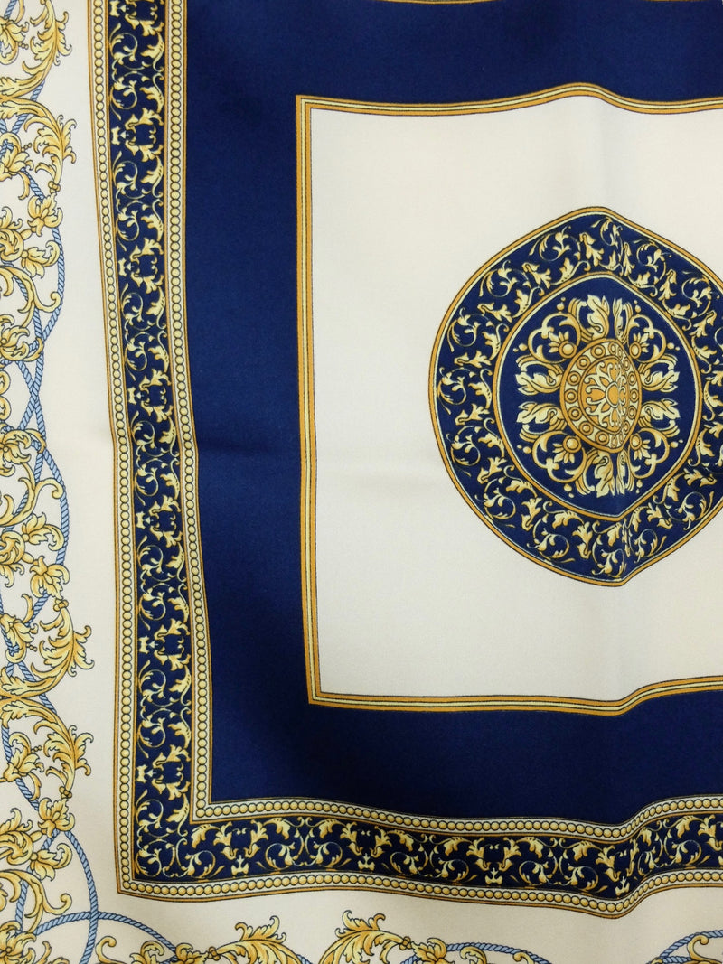 Vintage 80s Silky Avant-Garde Regency Style Baroque Print Beige Gold & Blue Large Square Bandana Neck Tie Scarf