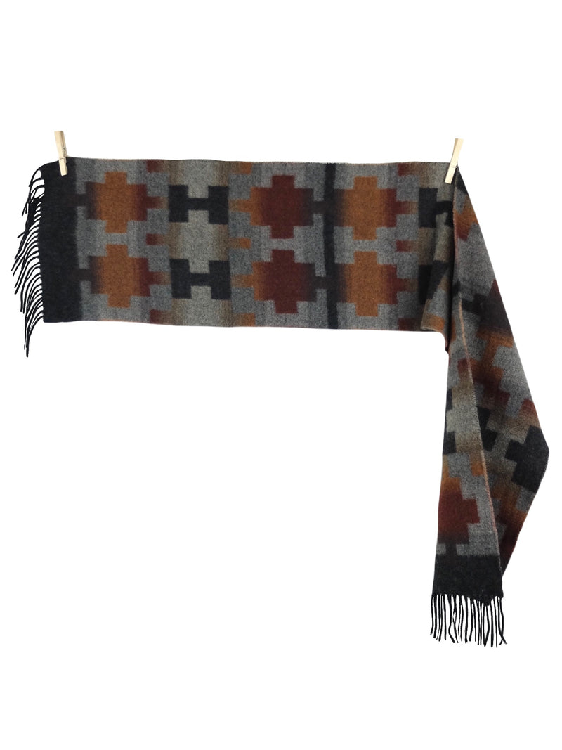 Vintage 80s Wool Western Boho Navajo Patterned Burnt Rust Orange Red & Grey Long Wide Wrap Blanket Scarf with Fringe