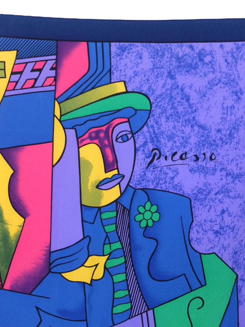 Vintage 80s Funky Avant-Garde Picasso Purple & Multicoloured Large Square Bandana Shawl Neck Tie Scarf