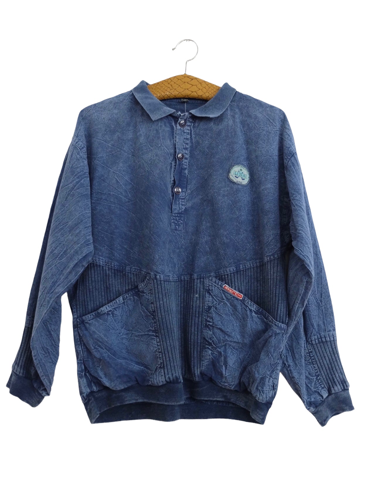 Vintage 80s Streetwear Collared Oversized 1/4 Button Pullover Dark Wash Jean Denim Shirt with Golf Patch | Women’s Size S-M | Men’s Size XS-S
