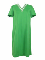 Vintage 60s Mod Gogo Psychedelic Electric Green V-Neck Chevron Short Sleeve Midi Shift Dress | Size Medium