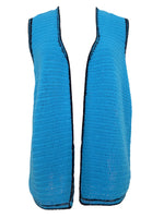 Vintage 80s Mod Hippie Funky Bright Blue & Black Striped Crocheted Knit Open Waistcoat Vest
