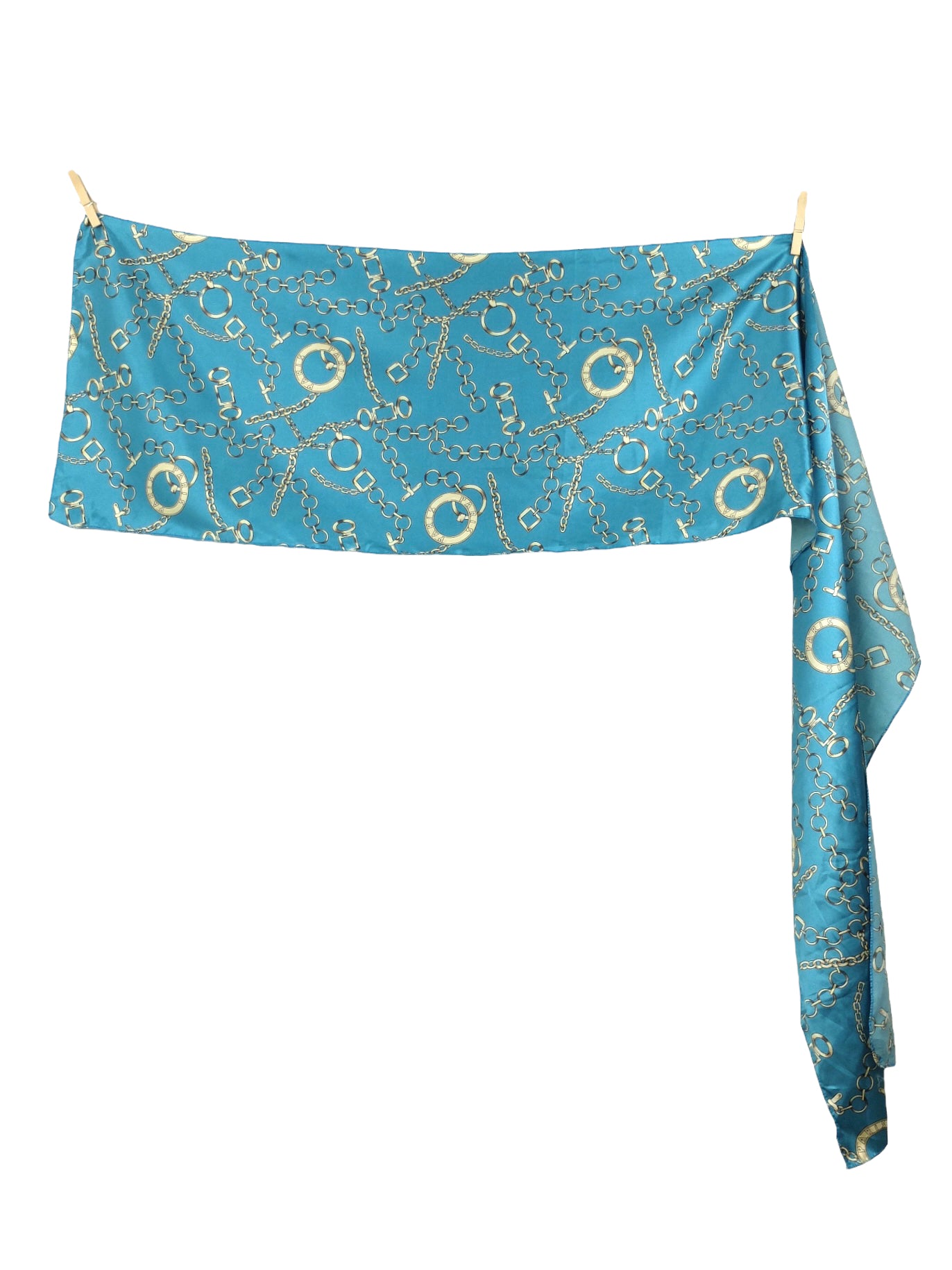 Vintage 90s Chic Silky Paris Chain Patterned Blue Long Wide Neck Tie Scarf