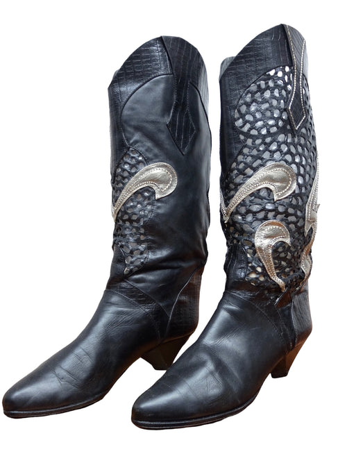 Vintage 80s Western Glam Rock Chic Mid-Calf Black Leather Heeled Cutout Cowboy Boots with Gold Appliqué Detail | Women’s Size EU 38, UK 5, US 7