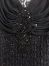 Vintage 90s Y2K Rave Disco Chic Formal Floral Black Lace & Embellished Long Sleeve Draped V-Neck Leotard Bodysuit with Snap Closure | Size S