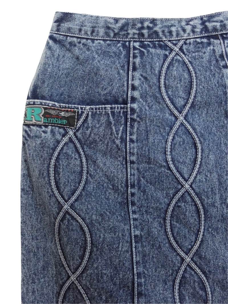 Vintage 80s Streetwear Bohemian Chic High Waisted Denim Jean Below-the-Knee Midi Skirt with Back Slit & Pockets | 26 Inch Waist
