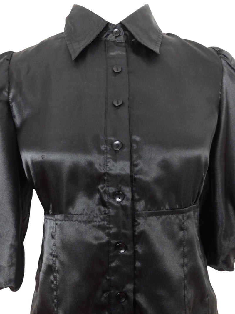 Vintage 90s Silky Black Preppy Formal Party Going-Out Avant-Garde Half Puff Sleeve Collared Button Up Blouse | Size S