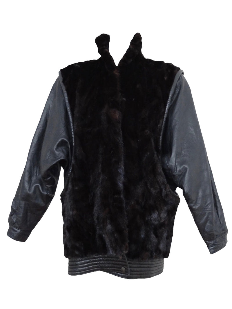 Vintage 60s Mod Moto Glam Rock Leather & Fur Waistcoat Black & Brown High Neck Jacket | Women’s Size L