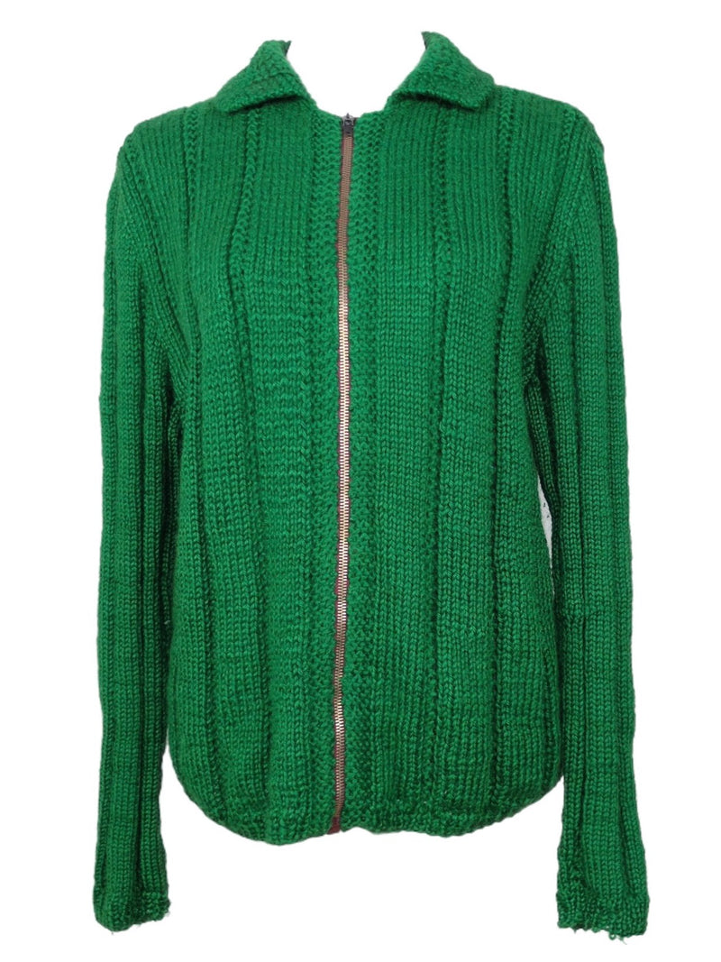Vintage 60s Mod Kitsch Hippie Bohemian Grannycore Handmade Solid Basic Bright Green Knit Woven Collared Zip Up Sweater | Size M-L