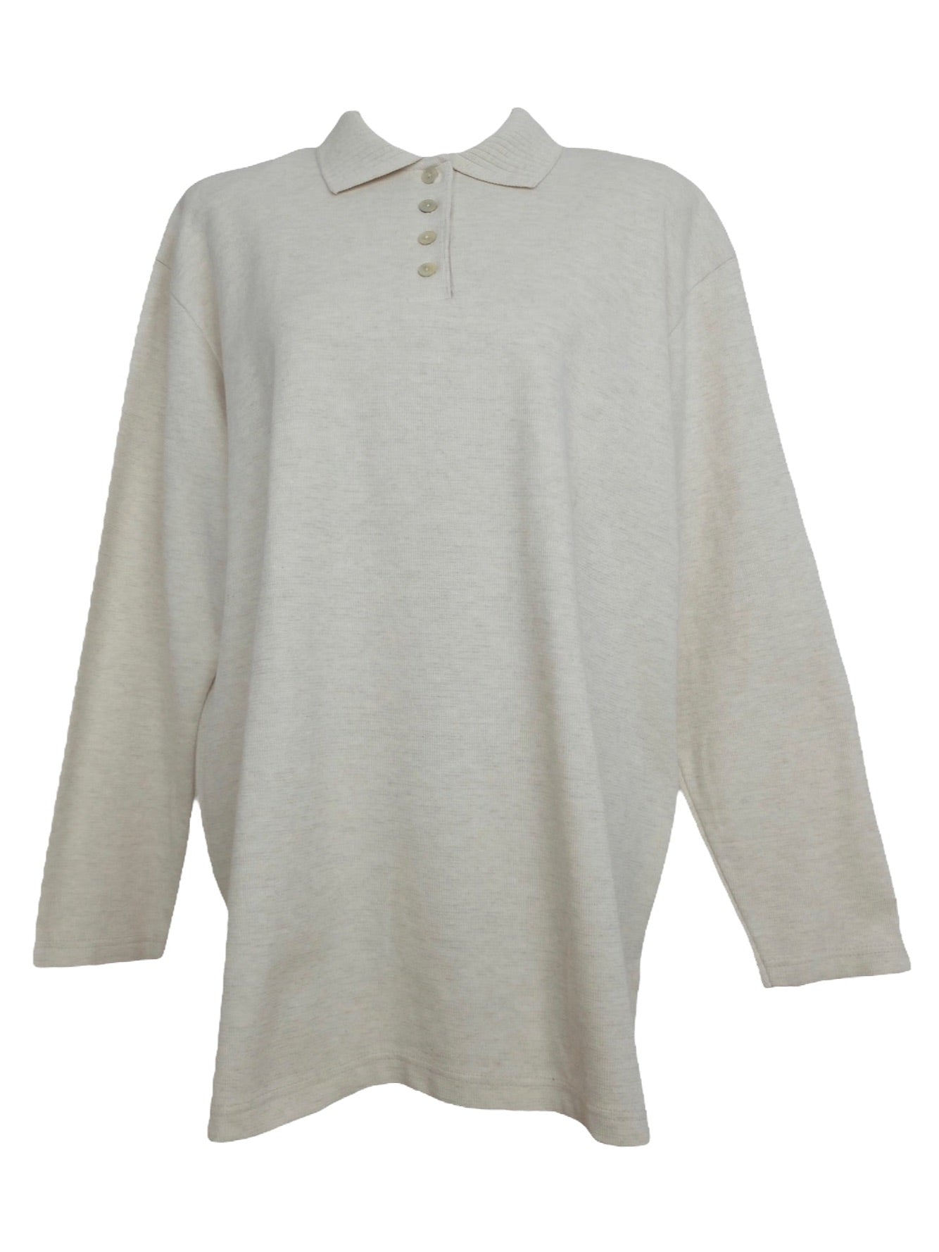 Vintage 80s Utility Streetwear Cream Beige 1/4 Button Up Collared Long Sleeve Cotton Polo Shirt | Size XL