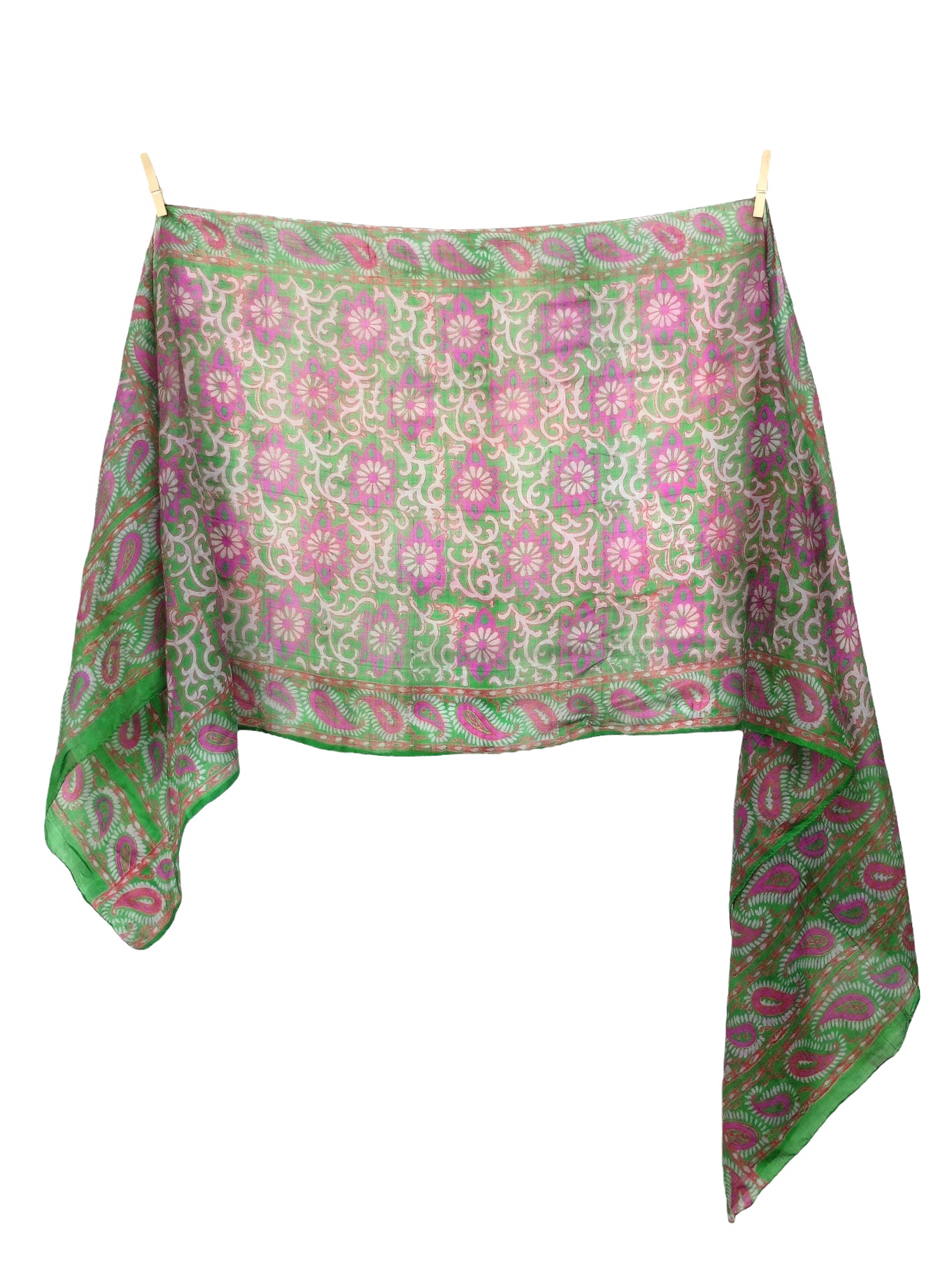 Vintage 70s Hippie Festival Silk Bright Green & Pink Paisley Patterned Handmade Paisley Patterned Long Wide Neck Tie Scarf with Handrolled Hem