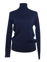 Vintage 80s Wool Blend Mod Boho Preppy Chic Basic Navy Blue Pullover Roll Neck Turtleneck Long Sleeve Ribbed Blouse | Size L-XL