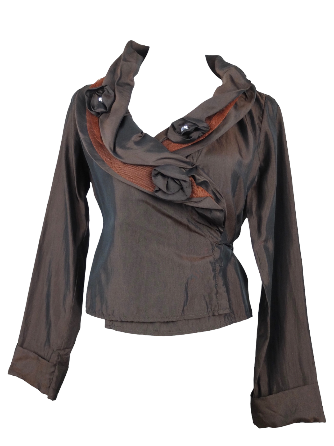 Vintage 2000s Y2K Soft Grunge Metallic Brown & Orange Draped V-Neck Long Sleeve Blouse with Floral Detail & Wrap Tie | Size S-M