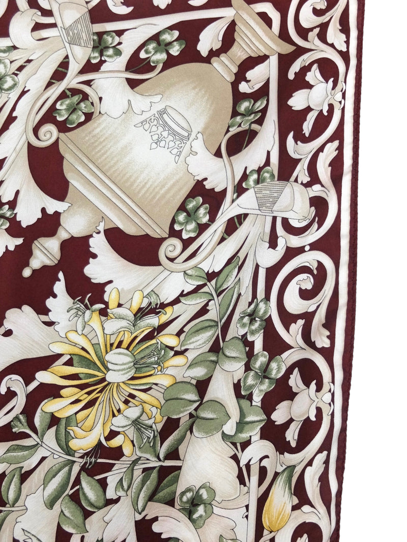 Vintage 90s Regency Chic Silk Maroon Fleur-de-Lis Floral Square Bandana Neck Tie Scarf
