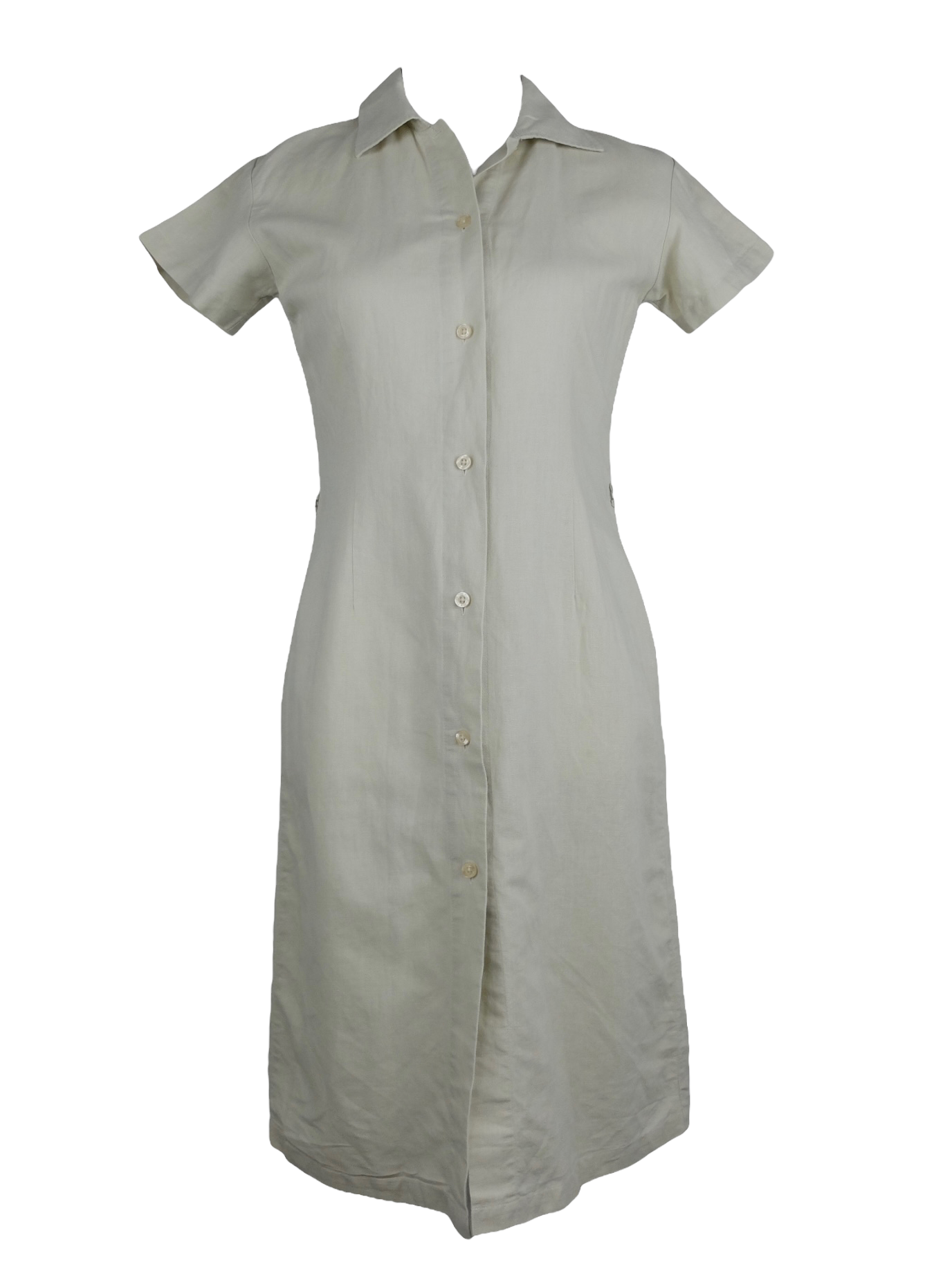 Vintage 90s Basic Solid Cream Tan Linen Blend Collared Short Sleeve Button Down Casual Summer Midi Dress | Size S