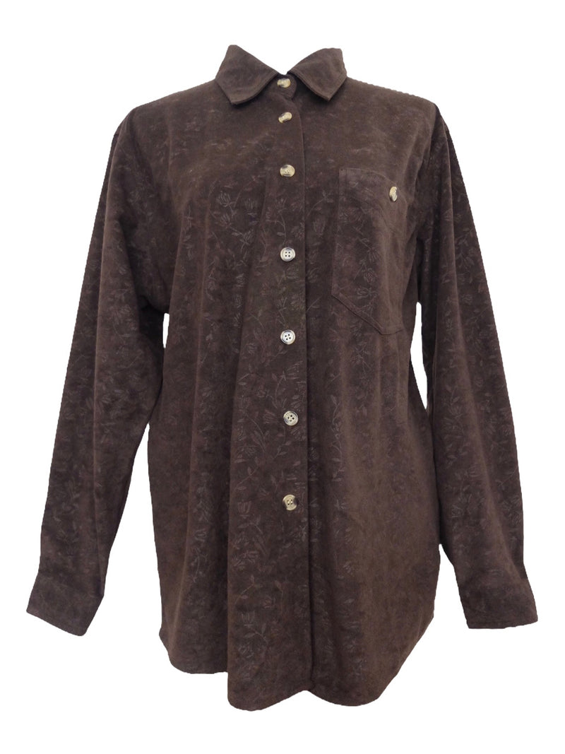 Vintage 90s Bohemian Utility Brown Velour Burnout Floral Patterned Collared Long Sleeve Button Up Shirt | Men’s Size XS-S | Women’s Size  S-M