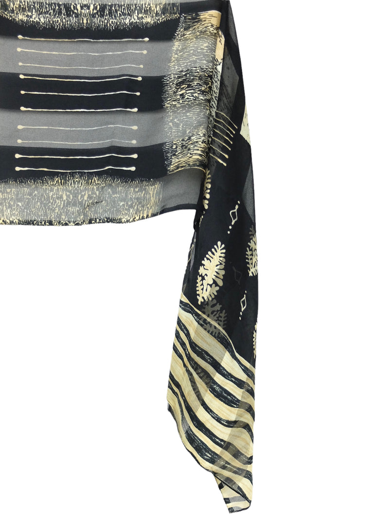 Vintage 80s Bohemian Avant-Garde Chic Cream & Black Abstract Patterned Long Wide Thin Shawl Wrap Scarf