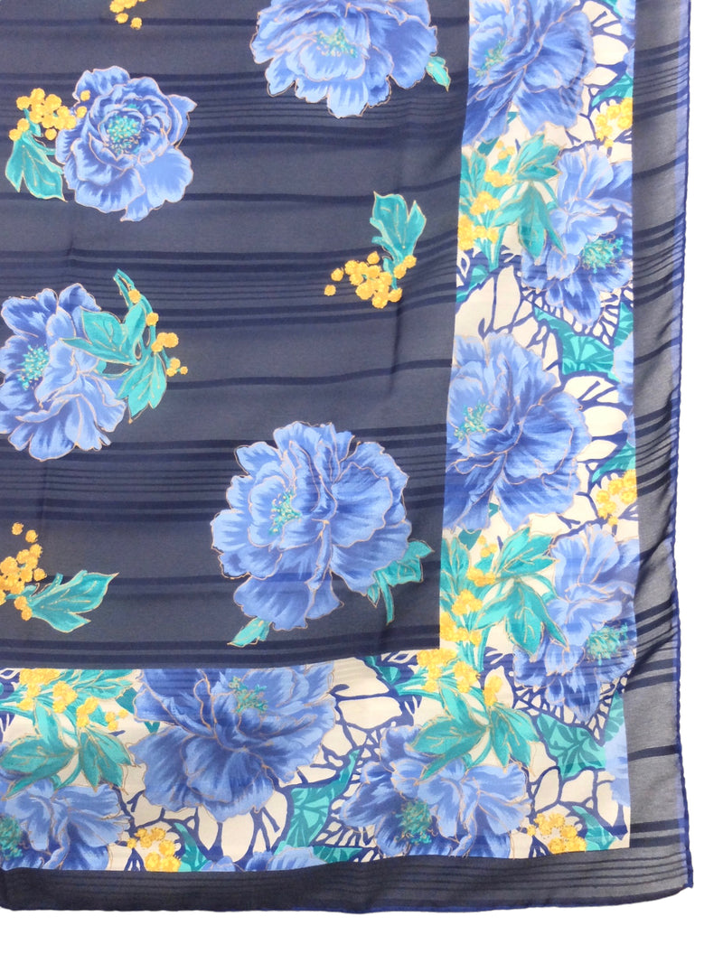 Vintage 80s Bohemian Avant-Garde Navy Blue Floral Print Large Square Bandana Neck Tie Scarf