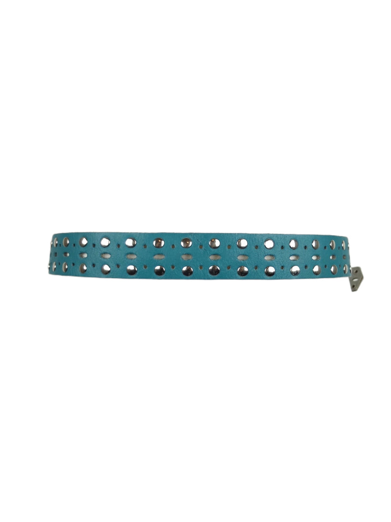 Vintage 00s Y2K Teal Adjustable Studded Buckle Belt with Cutout Design | 23-32 Inch Waist