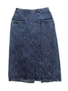 Vintage 80s Streetwear Bohemian Chic High Waisted Denim Jean Below-the-Knee Midi Skirt with Back Slit & Pockets | 26 Inch Waist