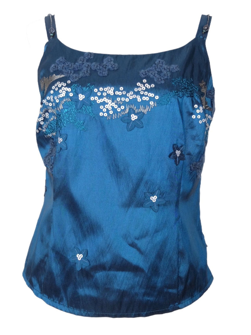 Vintage 90s Y2K Party Formal Bright Blue Metallic Floral Sequin Embellished Sleeveless Spaghetti Strap Tank Top Blouse | Size M